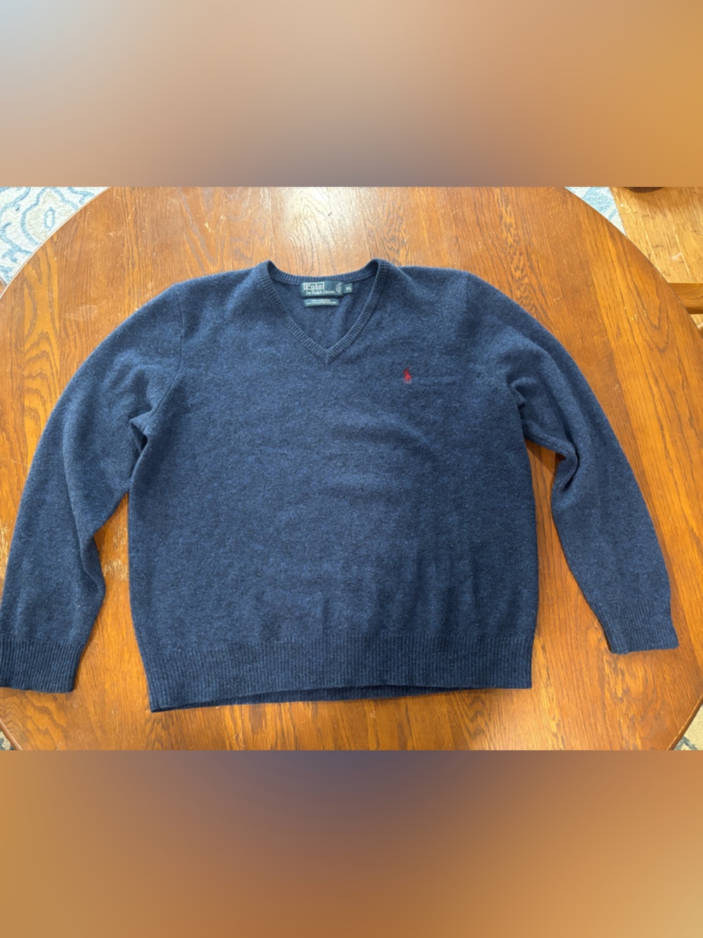 Ralph Lauren Navy V-Neck Wool Blend Sweater with Red Pony